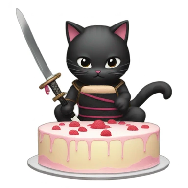 Ninja cat cuts cake with  katana sticker