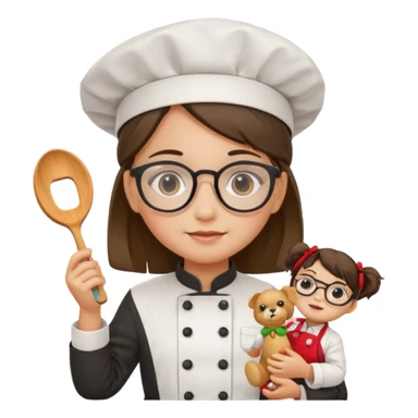 girl kid italian chef, uniform, wearing glasses, holding toy sticker