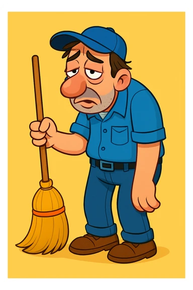 Make the lazy janitor more cartoonish with exaggerated features in a playful style. Keep the slouched posture, holding a broom, with a tired look and casual uniform. Use a simple background. sticker