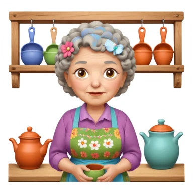 cartoon Apple iOS emoji style rural elderly woman, chubby face, short gray curly hair, flowery blouse, colorful apron, big expressive eyes, pastel colors, Chilean wooden kitchen background, clay pots, warm light, detailed and clean vector art sticker