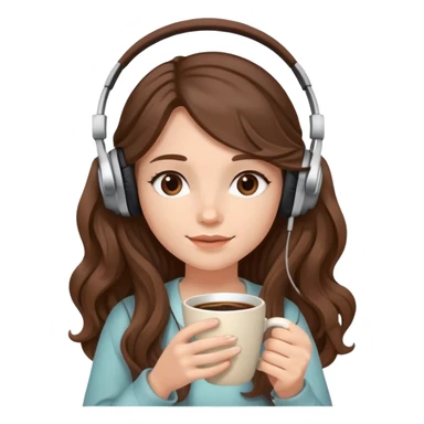 A girl with brown wavy long hair, wearing headphones on her head and holding coffee in her hand SHe has delicate facial features sticker