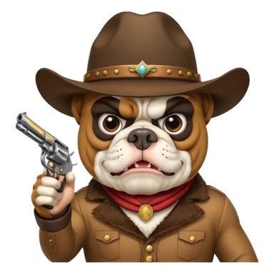 A bulldog wearing a cowboy hat, wearing a mask, pointing a revolver at you and telling you to hand over your money. sticker