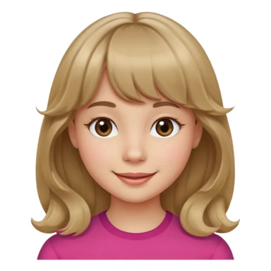 A girl with wavy, dark blonde hair, straight bangs, and straight eyes. She is smiling. sticker