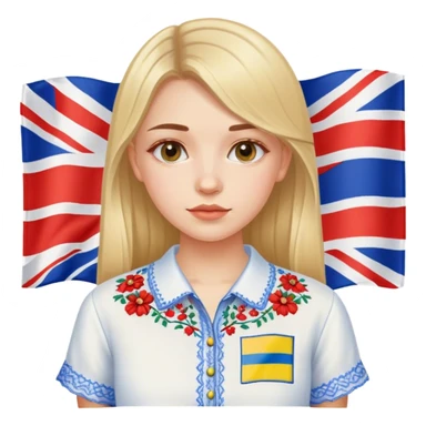 Ukrainian girl in an embroidered shirt against the background of the British flag sticker