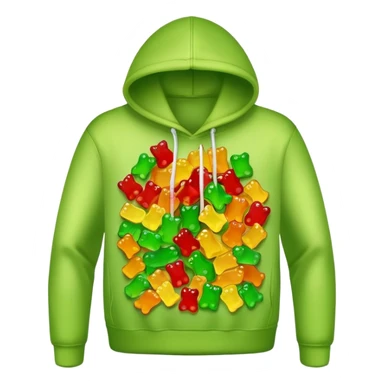 A hoodie sweatshirt where the hood is full of gummy bears sticker