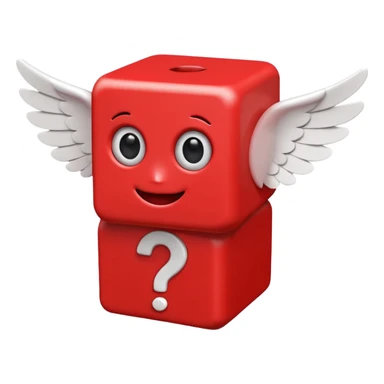 playful red cube figure with white accents, featuring large cartoonish eyes with question marks, a smiling mouth, and small wings attached to its sides sticker