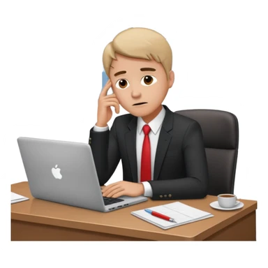 A man in corporate attire sitting at a desk, having fatigue while working on a laptop sticker