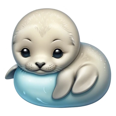Beautiful and Majestic Baby Seal Portrait Emoji, Head and body resting serenely with a gentle, content smile, showcasing a soft, cuddly form with tender, glistening fur and eyes peacefully closed in a tranquil slumber, Simplified yet exquisitely endearing features, highly detailed, glowing with a soft, radiant polar light, high shine, serene and utterly lovable, stylized with an air of regal innocence, soft glowing outline, capturing the essence of a beautiful and majestic baby seal that embodies the quiet wonder of arctic serenity! sticker