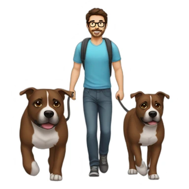 dark brown haired man with glasses and stubble walking a staffy sticker