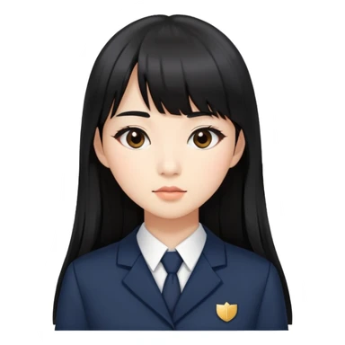 Asian woman in a chic school uniform, long black hair with straight bangs, and visible makeup sticker