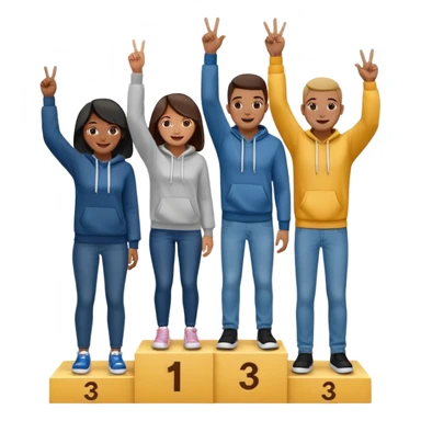 three multi-racial people in jeans and hoodies on a winners podium, center step higher, no numbers, center person holding up one finger on each hand, left person holding up two fingers on each hand, right person holding up three fingers on each hand, cheerful expressive emoji style sticker