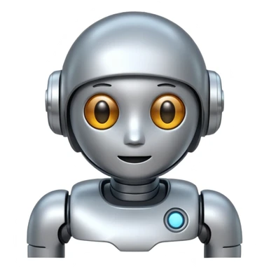 A cute futuristic robot emoji made of silver chrome, rounded friendly body, minimal facial features, glossy metallic surface, soft reflections, iOS emoji style, centered, clean white background sticker