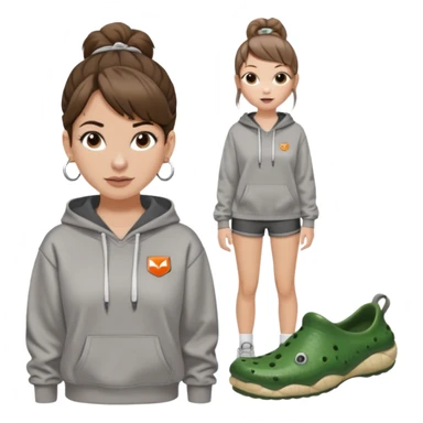 can you make a white girl with brown hair that is in a bun  and brown eyes and a normal white person nose and then she is wearing a grey hoodie mclaran formula 1 and wearing dirty white crocs with taylor swift gibits, 3 on each croc and she has 4 ear peiecings and hoop and stud and black shorts
 sticker