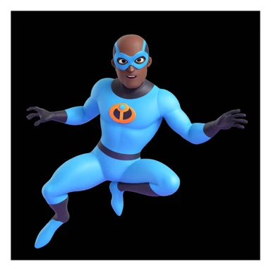 Frozone from The Incredibles, dynamic action, icy background, blue and white superhero suit, 3D cartoon style sticker