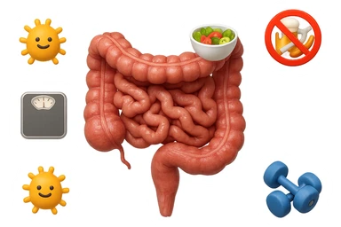 intestino umano anatomico realistico al centro, intorno al quale ruotano emoji stile iphone di: due batteri intestinali felici, una bowl di insalata, una bilancia pesapersone, manubri da palestra, e un boccale di birra con divieto 3d sopra, una sigaretta con divieto 3d sopra e un wurstel con divieto 3d sopra, fluttuano in aria, iperrealistico 4k sticker