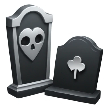 a black tombstone in silver RIP and a silver heart sticker