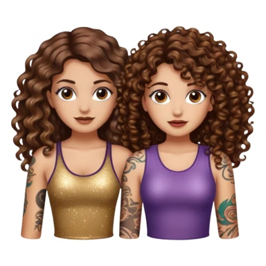 glitter blast — long wavy brown hair tattooed woman and short tight curly brown hair woman — sparkle covered sticker
