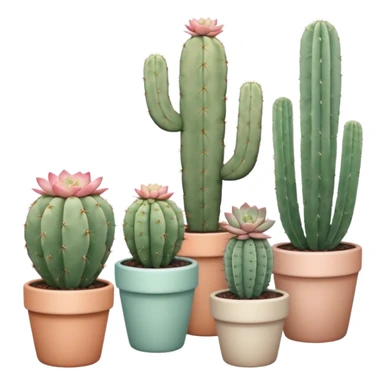 Ceramic pots in pastel colors, tall and short, round and square, containing desert cactus plants, hanging cacti, flowering cacti, echeveria succulents, and sedum succulents, placed in a row on the floor, white background sticker