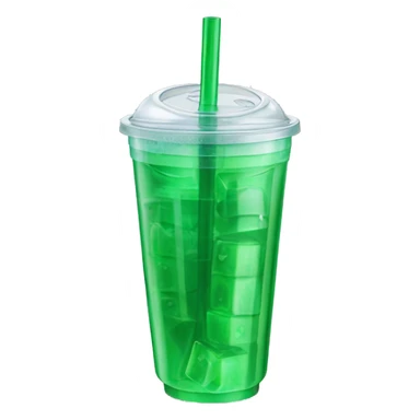 Realistic plastic cup and lid with Transluscent green soda and large ice cubes inside and one straw through the top of the lid. sticker