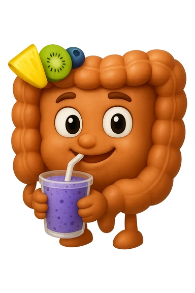 EMOJI STILE IPHONE DI un intestino umano anatomico che beve un frullato di mirtilli, ananas, kiwi, fagli anche la parte bianca degli occhi, non solo le pupille, REALISTICo 4K sticker