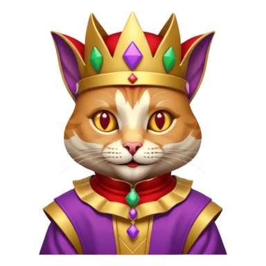crazy colorful cute little cat jolly joker from poker, medieval, vintage, court jester, mac os icon, purple, gold and red color, half body. Squared shape as 3D mac os icon, symmetrical sticker