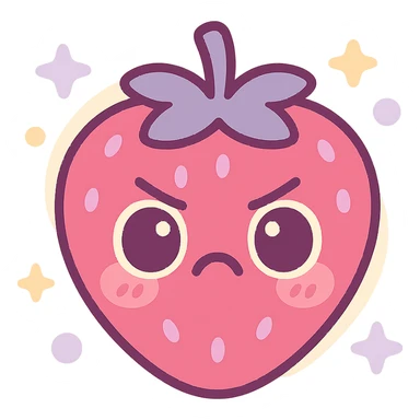 kawaii style strawberry with an angry expression, subtle blush cheeks, soft dramatic shadows, rounded edges, bold and vibrant colors including deep pinks, rich lavenders, creamy whites, isolated on transparent background, high resolution, minimal textures, animation style with gentle subtle highlighting to accentuate dramatic colors, toned-down glow on the face sticker