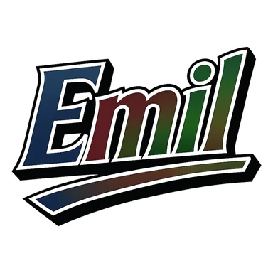 Emil name in masculine, modern gradient font with dark contour, prominent and clearly visible white outline around the letters as in the sample, dynamic slanted underline, masculine color shades (blue, gray, burgundy, green, brown), 1000x1000 px, PNG, transparent background, in the style of the uploaded Attila sample. sticker