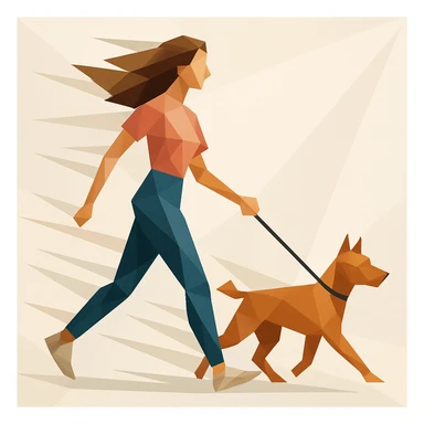 Woman walking a dog, both stylized in faceted motion lines.


 sticker
