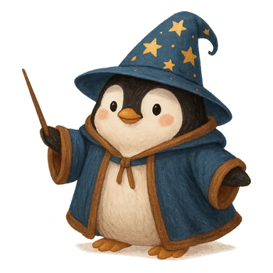a chubby penguin in wizard robes, with a starry hat and a wand, whimsical style sticker