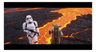Cinematic still, Shot on vlog camera, Starwars stormtroopers vlogging , he is walking on lava planet with yoda sticker
