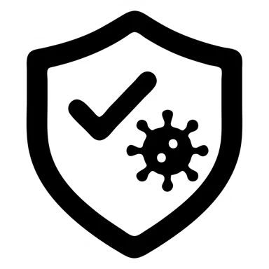 solid badge icon with a checkmark and virus, bold and simple sticker