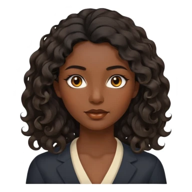 this avatar of 30th year-woman has shoulder-length black wavy hair with loose curls framing the face, and a long, pointed face, black skin with golden-brown eyes and a calm, neutral expression. sticker