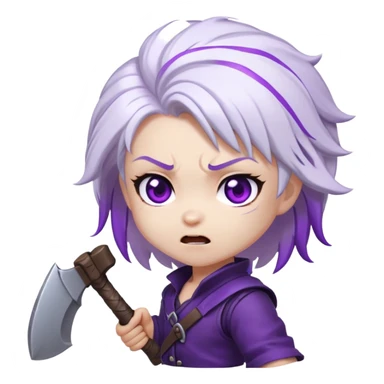 Chibi Sable Ward being hit on the head with a small axe, caught in the act look, white hair with purple streaks, fully purple eyes, dizzy expression sticker