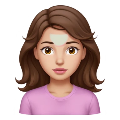 girl with wavy long brown hair, brown eyes, light to medium complexion, long lashes, light pink lipstick, wearing light pink shirt, sweating on the forehead sticker
