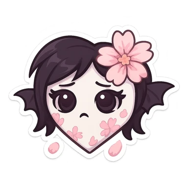 goth sakura heart, white heart with pink cherry blossom petals, cute and dramatic sticker
