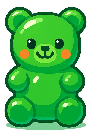 green gummy bear, cartoon style, cute face, glossy, transparent background sticker