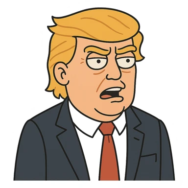 Donald Trump cartoon style, expressive face, orange hair, suit and red tie sticker