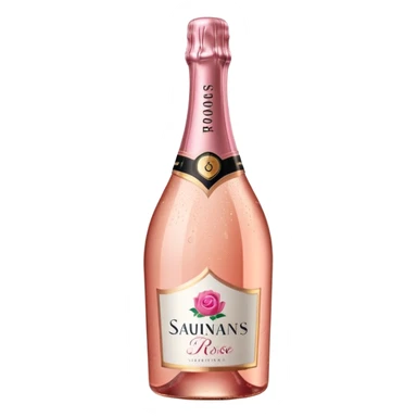 bottle of sparkling rosé champagne with a rose logo on the label, tilted up and to the right, no glass sticker