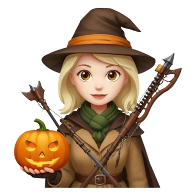 female human monster hunter emoji, wearing brown coat and hat, holding crossbow, soft smile, scarf, glowing pumpkin by her side, Halloween fantasy style, clean vector Apple emoji look, bright colors, white background, square sticker
