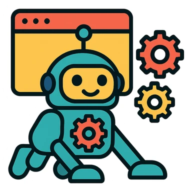 stylized robot with gears and browser window, crawling pose, modern flat icon style SEO robot crawler icon sticker