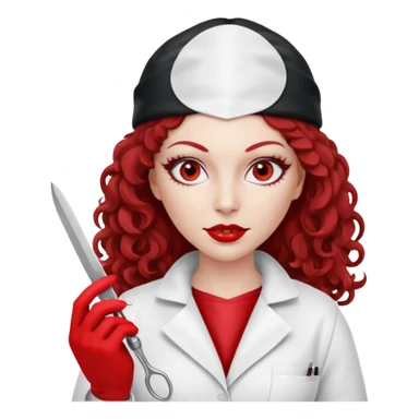 


Scary woman scalpel in hand, evil surgeon sexy surgeon clothes.  She has redcolored  eyes. Her  hair only is free ne brown long curly hair. Wears sexy doctor outfit with red gloves. make her wear red ski mask  to hide. Wears white surgeon coat, wears  stilettos sticker