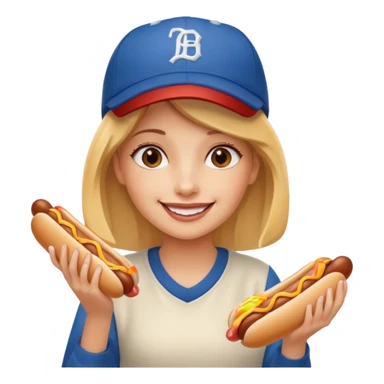 A girl holding two hot dogs, smiling proudly before eating.






















 sticker