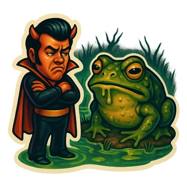 Retro sticker style with no borders on stickers. Helvis character with a short cape and very tiny horns, standing in a swamp, looking at a giant slimy toad with a disgusted expression, arms crossed. Grim vibe maintained. sticker