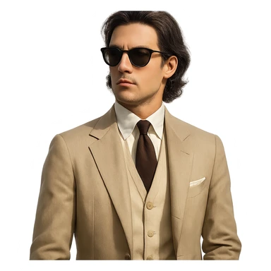 a stylish rich guy, old money aesthetic, sunglasses, medium-long black hair sticker