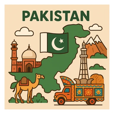 flat toon style illustration of Pakistan with flag and cultural motifs sticker