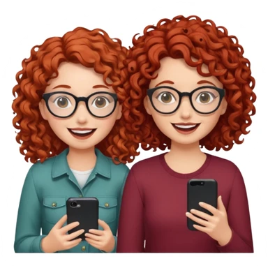 two girls. both white, one with curly red hair and glasses. one with curly brown hair. both giggling while doing a podcast sticker