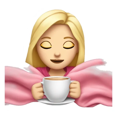White Girl with blonde hair sipping coffee with eyes closed and pink blanket around head laying down on couch  sticker