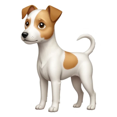 a full body white parson russell looking dog the size of a kelpie with light brown ears and a light brown patch on one eye and a large snout sticker