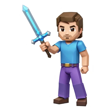 Jack Black as Minecraft Steve in combat pose holding sword, blocky character with brown hair, blue shirt, and purple pants sticker