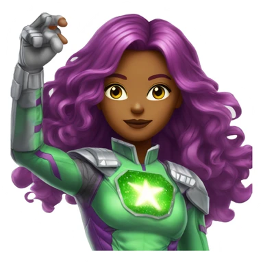 dc comics starfire glowing green eyes red long hair, purple and silver spacesuit with no helmet green jewels sticker